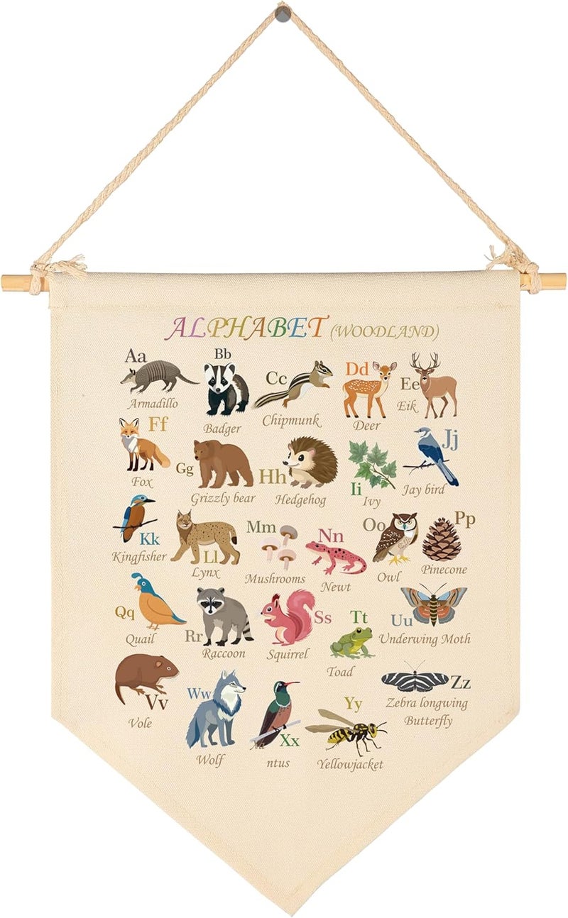 Sioial Nursery Classroom Baby Room Above Crib Reading Room Door Decoration-Baby,Shower,Birthday Christmas Gift for Boy Girl Kid-Canvas Hanging Flag Banner Pennant Wall Sign Decor-Alphabet Woodland Theme - Image 1